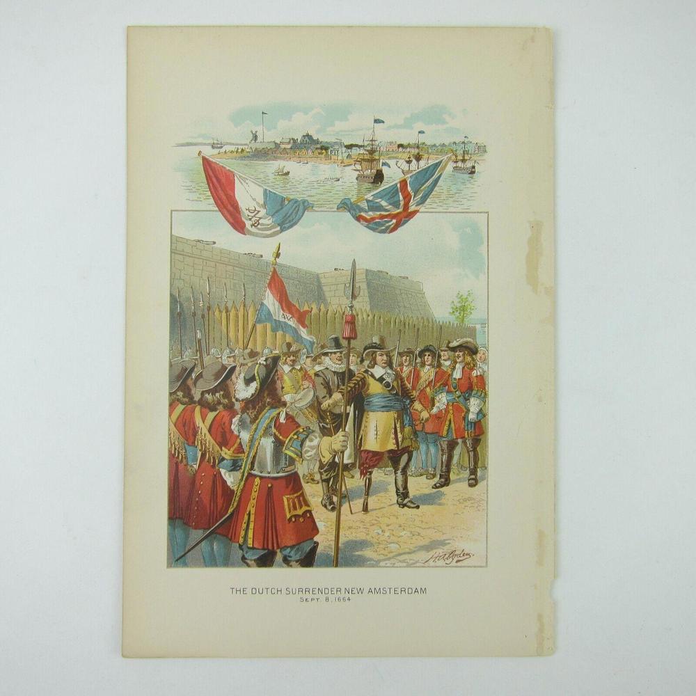 Chromolithograph Book Plate Dutch Surrender New Amsterdam 1664 Antique 1890s